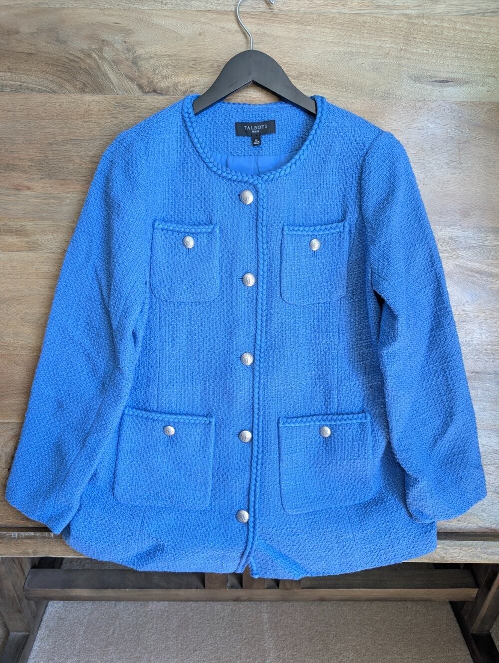 NWT Talbots Tweed Topper Coat Womens 8P Blue Braided Trim Career Button Front